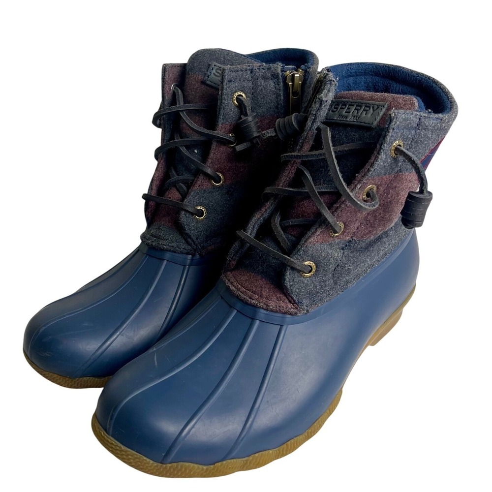 Sperry Saltwater Duck Boots Navy Blue Wool Stripe STS84026 Womens 8